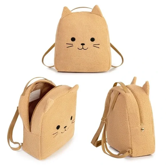 Adorable Tan Cat Backpack with Pink Heart Charm - Picture 5 of 11